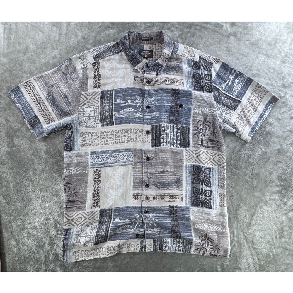 Quiksilver Waterman Shirt Mens L Patchwork Hawaiian Surf Beach Button Up Top